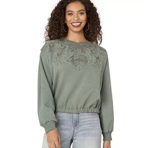 Democracy Long Banded Sleeve Scoop Neck Die Cut Beaded Embroidery Knit Top Sz L